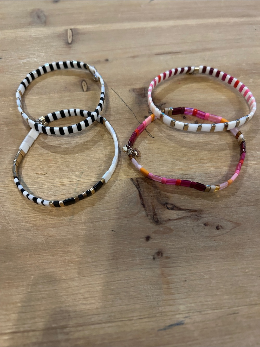 LOFT Striped Beaded Bracelet Set in Black White and Pink Multi, 4 bracelets